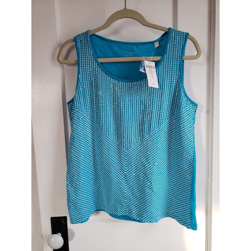 NWT BY CHICO'S 100% COTTON CHEVRON  SEQUIN MAUI BLUE TANK TOP WOMEN SZ‎ 1